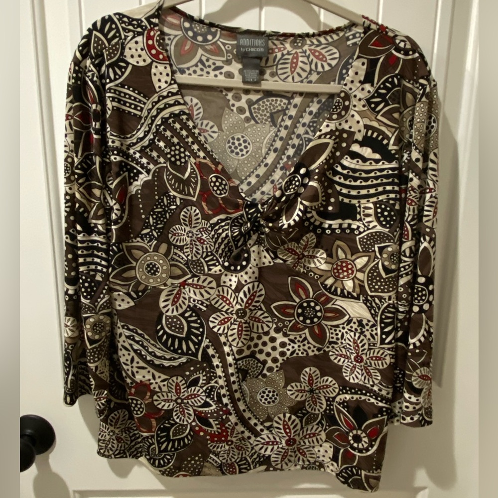 Chico's Brown Floral & Dot V-Neck Long Sleeve Top